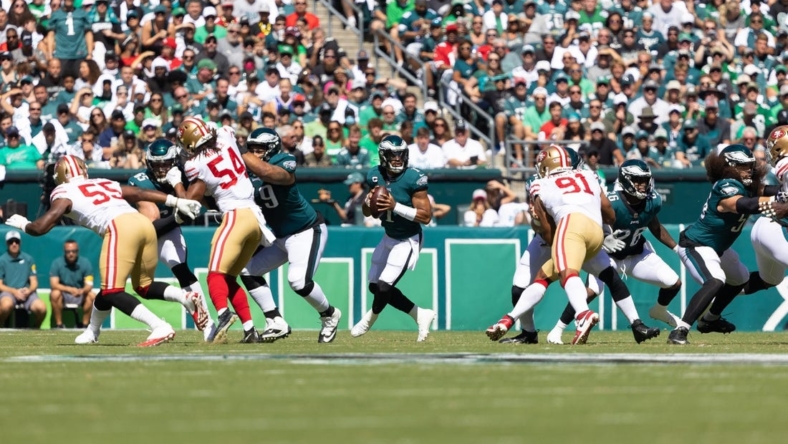 Sep 19, 2021; Philadelphia, Pennsylvania, USA; General view of Philadelphia Eagles quarterback Jalen Hurts (1) in action against the San Francisco 49ers during the first quarter at Lincoln Financial Field. Mandatory Credit: Bill Streicher-USA TODAY Sports