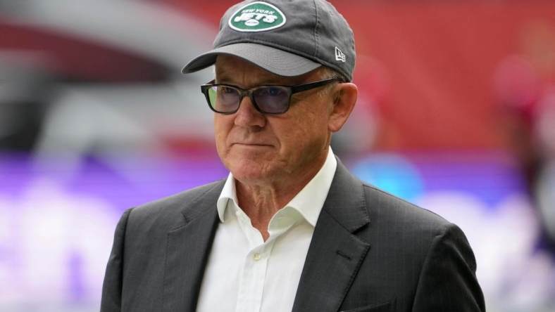 Oct 10, 2021; London, England, United Kingdom; New York Jets owner Woody Johnson reacts during an NFL International Series game against the Atlanta Falcons at Tottenham Hotspur Stadium. The Falcons defeated the Jets 27-20. Mandatory Credit: Kirby Lee-USA TODAY Sports