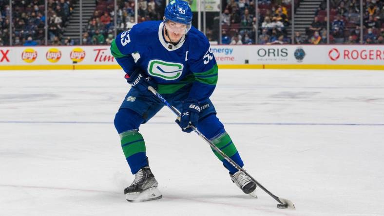 Nov 9, 2021; Vancouver, British Columbia, CAN; Vancouver Canucks forward Bo Horvat (53) shoots against the Anaheim Ducks at Rogers Arena. Mandatory Credit: Bob Frid-USA TODAY Sports