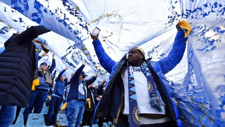 Dec 5, 2021; Chester, PA, USA; Philadelphia Union fans before the Eastern Conference Finals of the 2021 MLS Playoffs against New York City FC at Subaru Park. Mandatory Credit: Kyle Ross-USA TODAY Sports