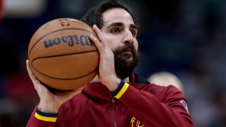 Dec 28, 2021; New Orleans, Louisiana, USA;  Cleveland Cavaliers guard Ricky Rubio (3) dribbles against New Orleans Pelicans during the first half  at Smoothie King Center. Mandatory Credit: Stephen Lew-USA TODAY Sports