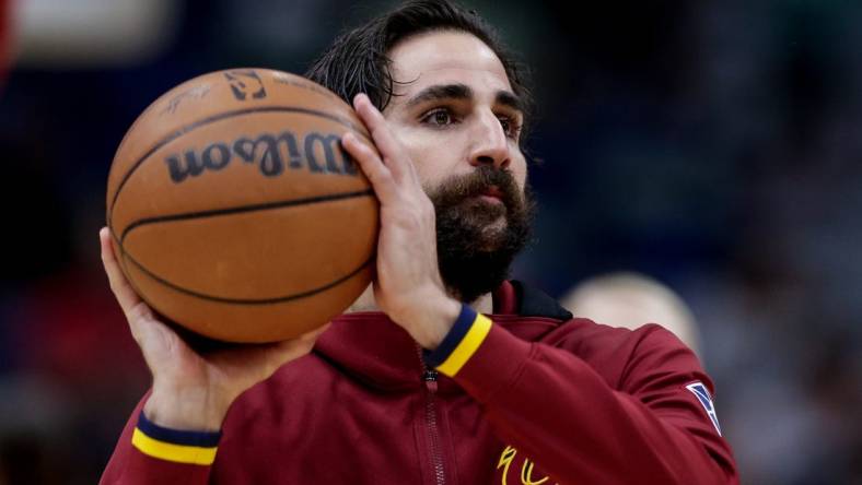 Dec 28, 2021; New Orleans, Louisiana, USA;  
Cleveland Cavaliers guard Ricky Rubio (3) dribbles against New Orleans Pelicans during the first half  at Smoothie King Center. Mandatory Credit: Stephen Lew-USA TODAY Sports