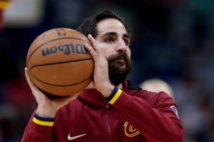 Dec 28, 2021; New Orleans, Louisiana, USA;  
Cleveland Cavaliers guard Ricky Rubio (3) dribbles against New Orleans Pelicans during the first half  at Smoothie King Center. Mandatory Credit: Stephen Lew-USA TODAY Sports