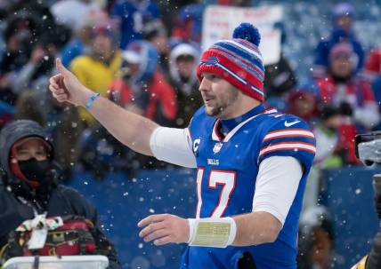 Jan 2, 2022; Orchard Park, New York, USA; Buffalo Bills quarterback Josh Allen (17) gives a thumbs up to the fans   after a game against the Atlanta Falcons at Highmark Stadium. Mandatory Credit: Mark Konezny-USA TODAY Sports