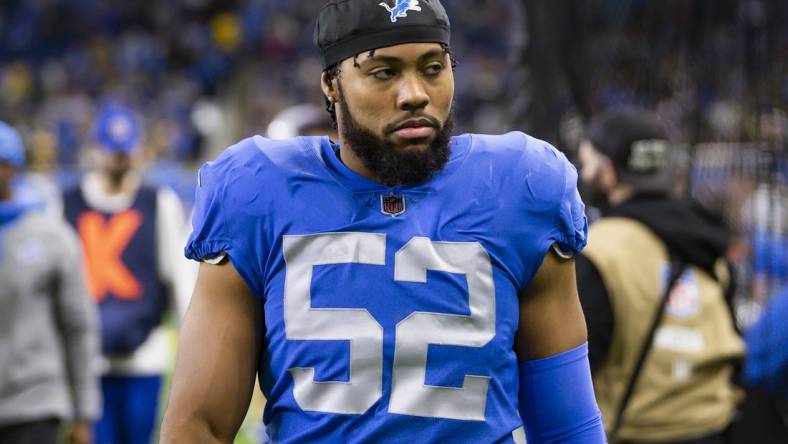 Jan 9, 2022; Detroit, Michigan, USA; Detroit Lions linebacker Jessie Lemonier (52) walks off the field just after the second quarter against the Green Bay Packers at Ford Field. Mandatory Credit: Raj Mehta-USA TODAY Sports