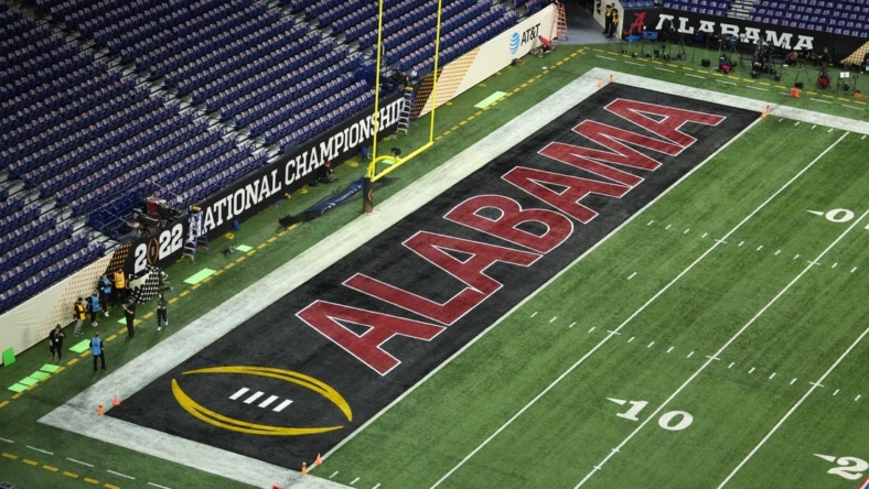 Jan 10, 2022; Indianapolis, IN, USA; A detailed view of the Alabama Crimson Tide logo during the 2022 CFP college football national championship game at Lucas Oil Stadium. Mandatory Credit: Kirby Lee-USA TODAY Sports