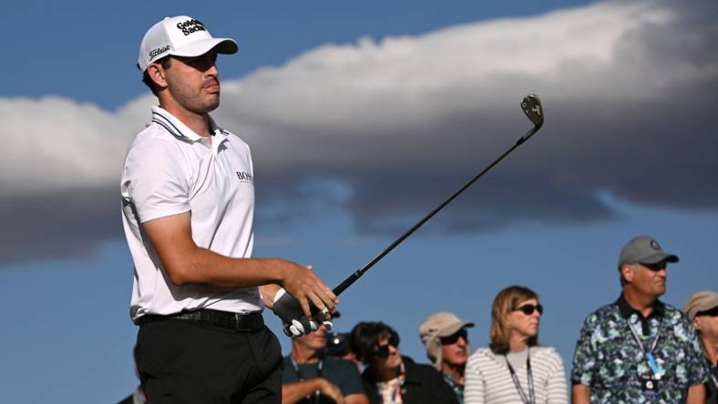 Jan 22, 2022; La Quinta, California, USA; Patrick Cantlay watches his shot on the 17th tee during the third round of the American Express golf tournament at Peter Dye Stadium Course. Mandatory Credit: Orlando Ramirez-USA TODAY Sports