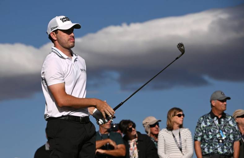 Jan 22, 2022; La Quinta, California, USA; Patrick Cantlay watches his shot on the 17th tee during the third round of the American Express golf tournament at Peter Dye Stadium Course. Mandatory Credit: Orlando Ramirez-USA TODAY Sports