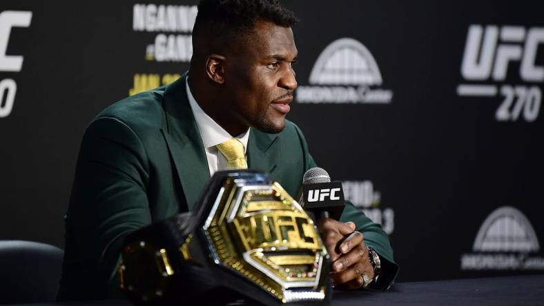 Jan 22, 2022; Anaheim, California, USA; Francis Ngannou speaks with media following his championship victory at UFC 270 at Honda Center. Mandatory Credit: Gary A. Vasquez-USA TODAY Sports