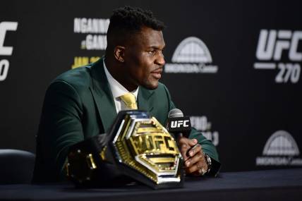 Jan 22, 2022; Anaheim, California, USA; Francis Ngannou speaks with media following his championship victory at UFC 270 at Honda Center. Mandatory Credit: Gary A. Vasquez-USA TODAY Sports
