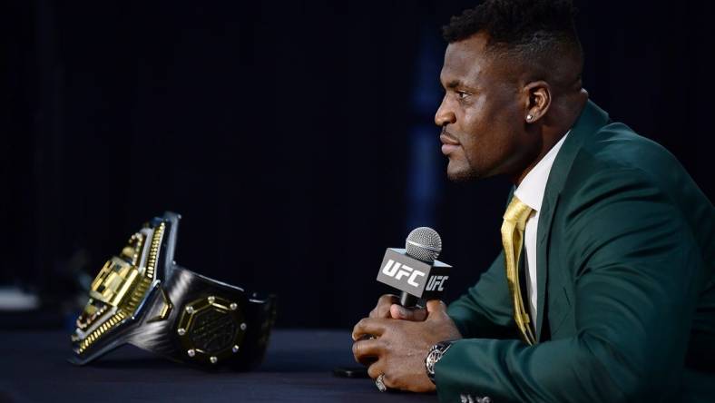 Jan 22, 2022; Anaheim, California, USA; Francis Ngannou speaks with media following his championship victory at UFC 270 at Honda Center. Mandatory Credit: Gary A. Vasquez-USA TODAY Sports