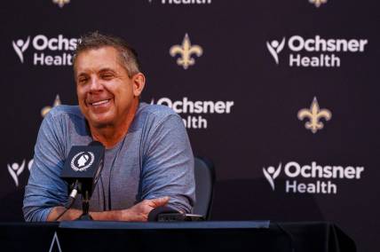 Jan 25, 2022; Metairie, LA, USA;  New Orleans Saints head coach Sean Payton speaks during a press conference at Ochsner Sports Performance Center. Mandatory Credit: Andrew Wevers-USA TODAY Sports