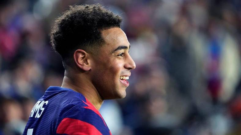 Jan 27, 2022; Columbus, Ohio, USA; US midfielder Tyler Adams (4) smiles at the El Salvador team after the call foul on him in the second half of their 2022 FIFA World Cup Qualifying game at Lower.com Field in Columbus, Ohio on January 27, 2022. Mandatory Credit: Kyle Robertson-USA TODAY NETWORK