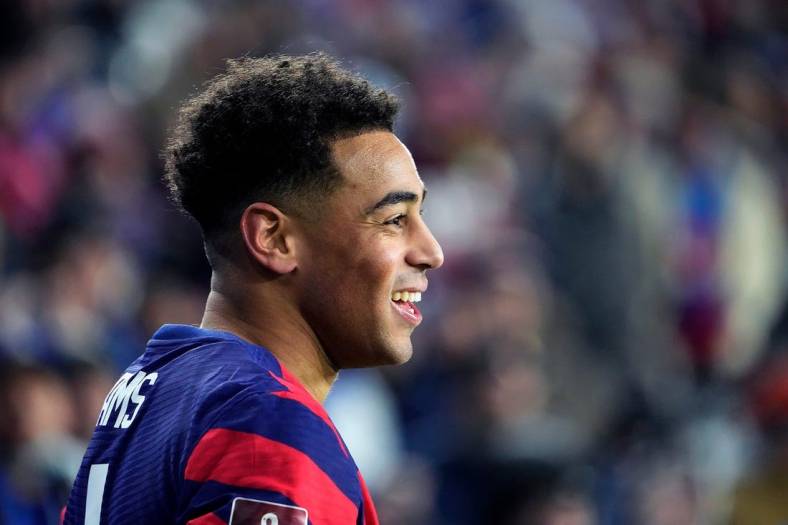 Jan 27, 2022; Columbus, Ohio, USA; US midfielder Tyler Adams (4) smiles at the El Salvador team after the call foul on him in the second half of their 2022 FIFA World Cup Qualifying game at Lower.com Field in Columbus, Ohio on January 27, 2022. Mandatory Credit: Kyle Robertson-USA TODAY NETWORK