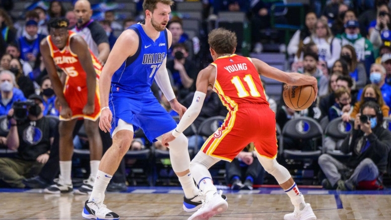 Feb 6, 2022; Dallas, Texas, USA; Dallas Mavericks guard Luka Doncic (77) defends against Atlanta Hawks guard Trae Young (11) during the first quarter at the American Airlines Center. Mandatory Credit: Jerome Miron-USA TODAY Sports