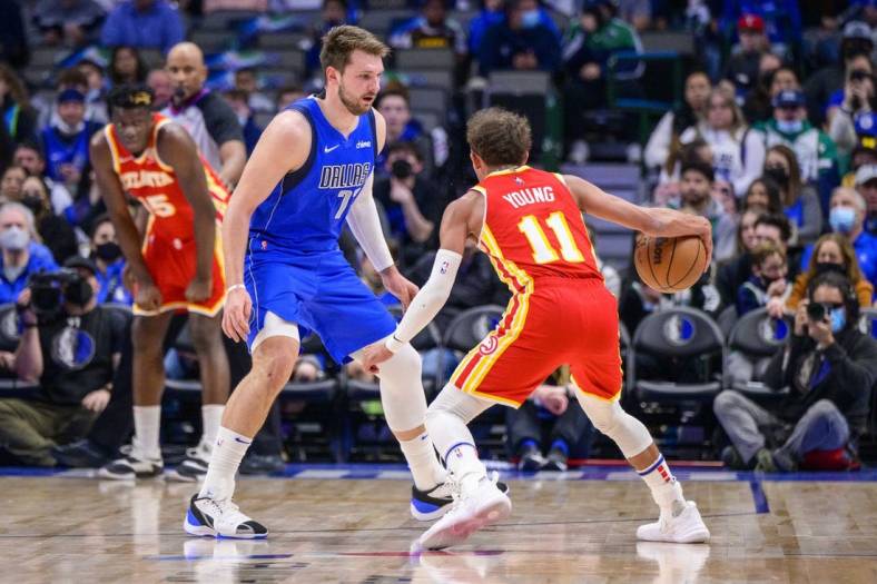 Feb 6, 2022; Dallas, Texas, USA; Dallas Mavericks guard Luka Doncic (77) defends against Atlanta Hawks guard Trae Young (11) during the first quarter at the American Airlines Center. Mandatory Credit: Jerome Miron-USA TODAY Sports