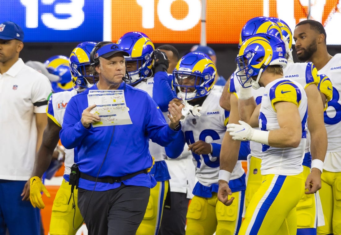 Feb 13, 2022; Inglewood, CA, USA; Los Angeles Rams special teams coordinator Joe DeCamillis against the Cincinnati Bengals during Super Bowl LVI at SoFi Stadium. Mandatory Credit: Mark J. Rebilas-USA TODAY Sports