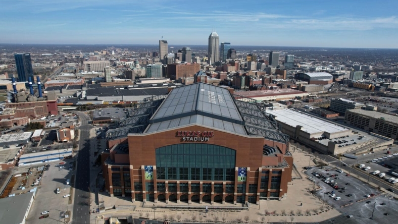 Mar 4, 2022; Indianapolis, IN, USA; A general overall aerial view of Lucas Oil Stadium, the home of the Indianapolis Colts and site of the 2022 NFL Scouting Combine. Mandatory Credit: Kirby Lee-USA TODAY Sports