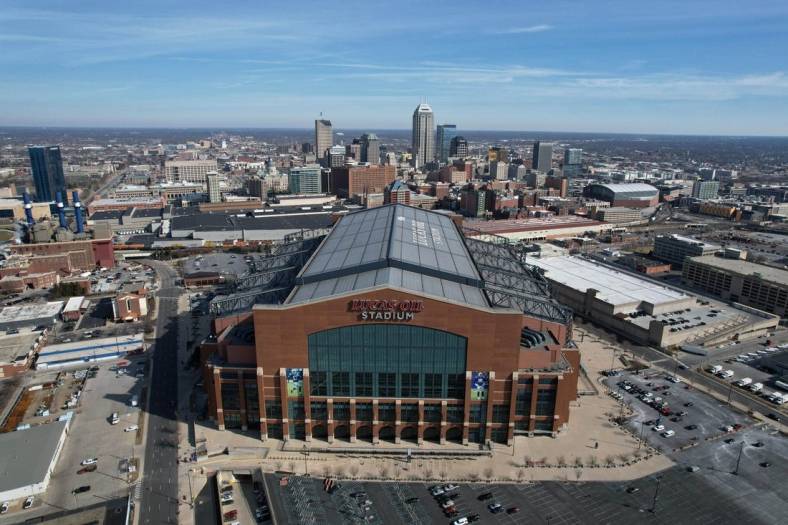 Mar 4, 2022; Indianapolis, IN, USA; A general overall aerial view of Lucas Oil Stadium, the home of the Indianapolis Colts and site of the 2022 NFL Scouting Combine. Mandatory Credit: Kirby Lee-USA TODAY Sports
