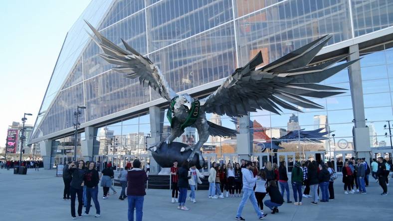 Mar 13, 2022; Atlanta, Georgia, USA; A general view outside of Mercedes-Benz Stadium before the game between Charlotte FC and Atlanta United. Mandatory Credit: Brett Davis-USA TODAY Sports