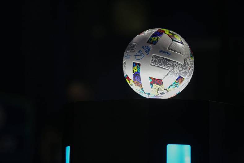 A Major League Soccer ball sits on a podium ahead of the eMLS Cup tournament at the Moody Theater on March 13, 2022. The eMLS Cup is the championship tournament that determines which player is the best FIFA esports player in North America.

Aem Sxsw Emls Cup 1