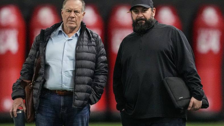 Mar 16, 2022; Atlanta, GA, USA; New England Patriots head coach Bill Belichick and senior advisor Matt Patricia watch during Georgia Pro Day at William Porter Payne and Porter Otis Payne Indoor Athletic Facility. Mandatory Credit: Dale Zanine-USA TODAY Sports