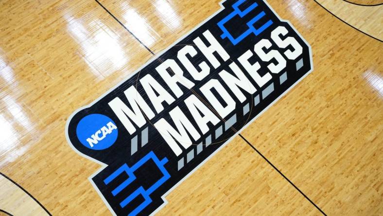 Mar 17, 2022; San Diego, CA, USA; A general view of the March Madness logo at center court before the first round of the 2022 NCAA Tournament at Viejas Arena. Mandatory Credit: Kirby Lee-USA TODAY Sports