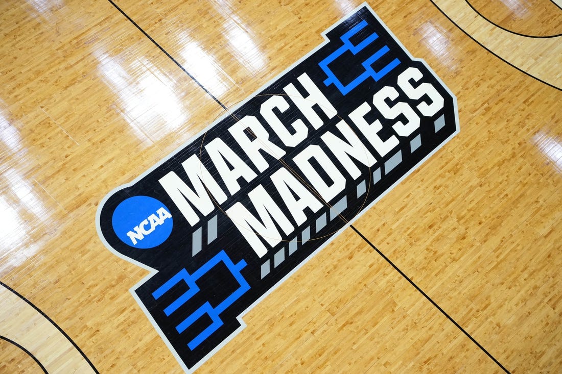 Mar 17, 2022; San Diego, CA, USA; A general view of the March Madness logo at center court before the first round of the 2022 NCAA Tournament at Viejas Arena. Mandatory Credit: Kirby Lee-USA TODAY Sports