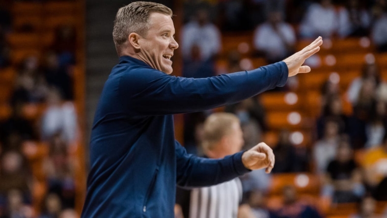FAU's head men's basketball coach Dusty May at a game against UTEP Thursday, Jan. 27, 2022, at the Don Haskins Center in El Paso.