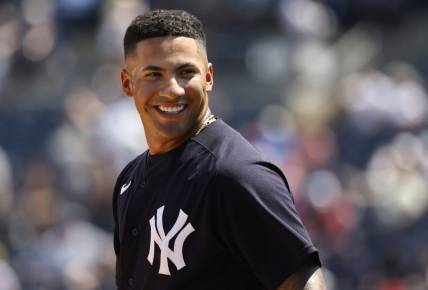 Apr 5, 2022; Tampa, Florida, USA; New York Yankees second baseman Gleyber Torres (25) smiles during the fourth inning against the Detroit Tigers during spring training at George M. Steinbrenner Field. Mandatory Credit: Kim Klement-USA TODAY Sports