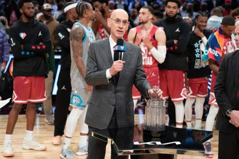 February 20, 2022; Cleveland, Ohio, USA; NBA commissioner Adam Silver after the 2022 NBA All-Star Game at Rocket Mortgage FieldHouse. Mandatory Credit: Kyle Terada-USA TODAY Sports