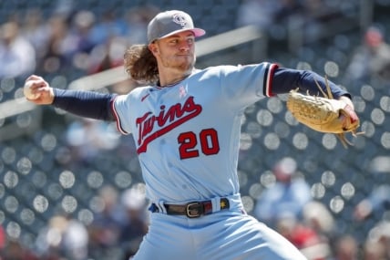May 8, 2022; Minneapolis, Minnesota, USA; Minnesota Twins starting pitcher Chris Paddack (20) throws to the Oakland Athletics in the second inning at Target Field. Mandatory Credit: Bruce Kluckhohn-USA TODAY Sports