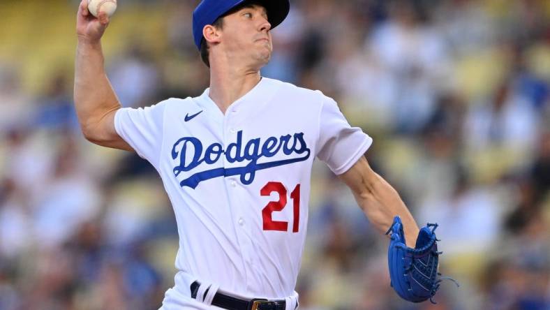 May 13, 2022; Los Angeles, California, USA;  Los Angeles Dodgers starting pitcher Walker Buehler (21) pitches in the second inning against the Philadelphia Phillies at Dodger Stadium. Mandatory Credit: Jayne Kamin-Oncea-USA TODAY Sports