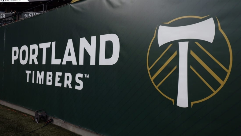 May 14, 2022; Portland, Oregon, USA; A view of the Portland Timbers logo before the match against the Sporting Kansas City at Providence Park. Mandatory Credit: Soobum Im-USA TODAY Sports