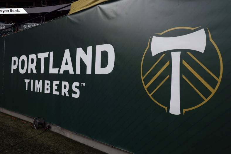 May 14, 2022; Portland, Oregon, USA; A view of the Portland Timbers logo before the match against the Sporting Kansas City at Providence Park. Mandatory Credit: Soobum Im-USA TODAY Sports