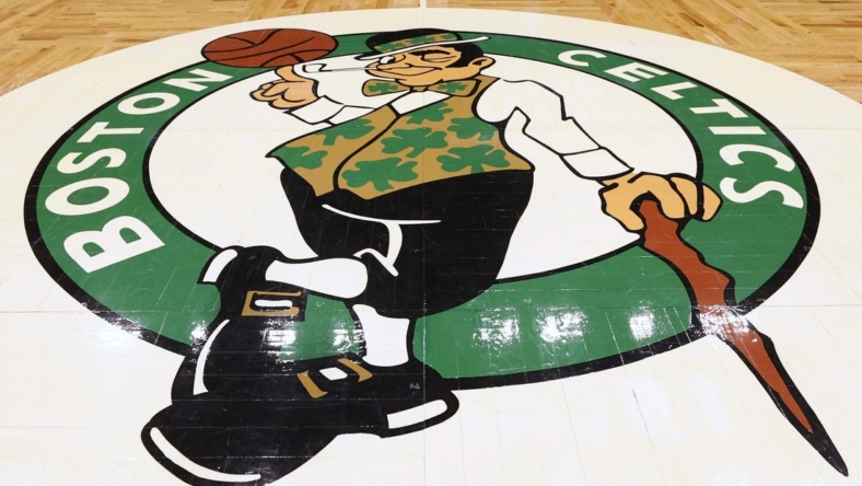 May 15, 2022; Boston, Massachusetts, USA; The Boston Celtics logo is seen at center court before game seven of the second round of the 2022 NBA playoffs between the Boston Celtics and the Milwaukee Bucks at TD Garden. Mandatory Credit: Winslow Townson-USA TODAY Sports