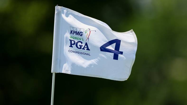 Jun 26, 2022; Bethesda, Maryland, USA; A view of the flag on the fourth green during the final round of the KPMG Women's PGA Championship golf tournament at Congressional Country Club. Mandatory Credit: Scott Taetsch-USA TODAY Sports