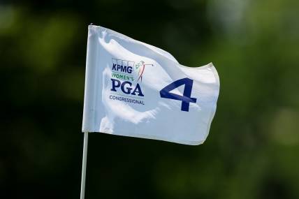 Jun 26, 2022; Bethesda, Maryland, USA; A view of the flag on the fourth green during the final round of the KPMG Women's PGA Championship golf tournament at Congressional Country Club. Mandatory Credit: Scott Taetsch-USA TODAY Sports
