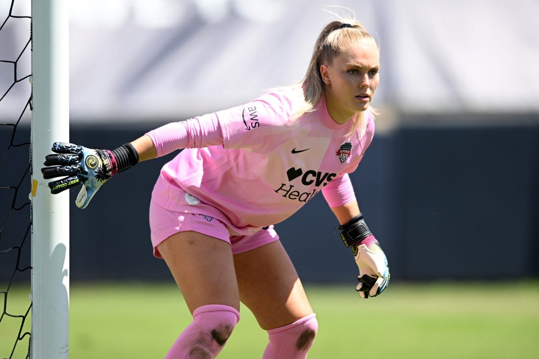 Jul 3, 2022; San Diego, California, USA; Washington Spirit goalkeeper Devon Kerr (18) looks on in the first half against the San Diego Wave FC at Torero Stadium. Mandatory Credit: Orlando Ramirez-USA TODAY Sports