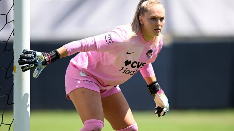 Jul 3, 2022; San Diego, California, USA; Washington Spirit goalkeeper Devon Kerr (18) looks on in the first half against the San Diego Wave FC at Torero Stadium. Mandatory Credit: Orlando Ramirez-USA TODAY Sports