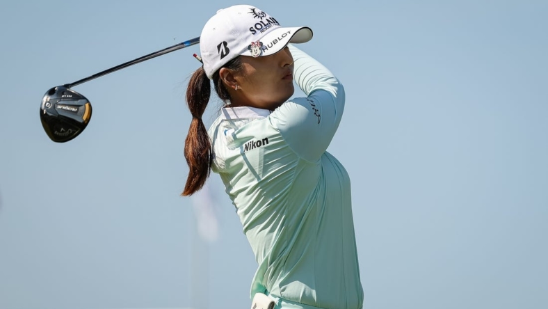 Jun 26, 2022; Bethesda, Maryland, USA; Jin Young Ko plays her shot from the first tee during the final round of the KPMG Women's PGA Championship golf tournament at Congressional Country Club. Mandatory Credit: Scott Taetsch-USA TODAY Sports