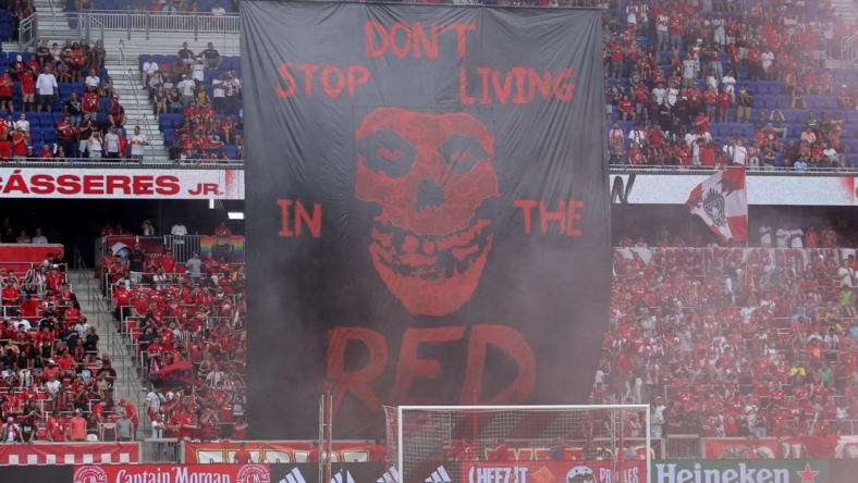 Jul 17, 2022; Harrison, New Jersey, USA; A banner is displayed before a match between the New York Red Bulls and the New York City at Red Bull Arena. Mandatory Credit: Brad Penner-USA TODAY Sports