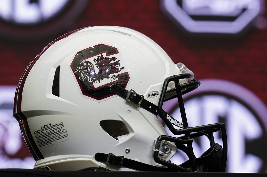 Jul 19, 2022; Atlanta, GA, USA; The South Carolina helmet on the stage during SEC Media Days at the College Football Hall of Fame. Mandatory Credit: Dale Zanine-USA TODAY Sports