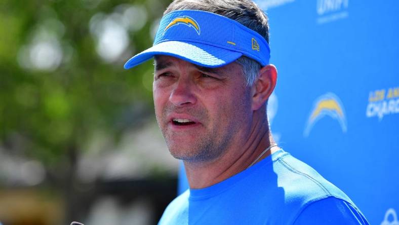 Jul 28, 2022; Costa Mesa, CA, USA; Los Angeles Chargers offensive coordinator Joe Lombardi speaks following training camp activities at Jack Hammett Sports Complex. Mandatory Credit: Gary A. Vasquez-USA TODAY Sports