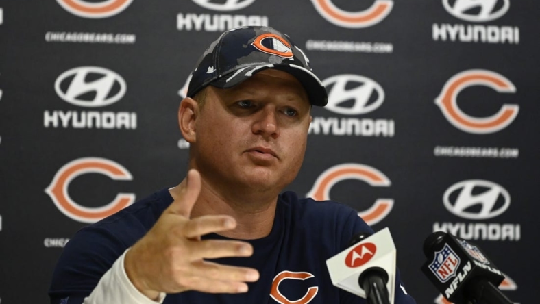 Jul 28, 2022; Lake Forest, IL, USA;  Chicago Bears offensive coordinator Luke Getsy talks with the media during training camp at PNC Center at Halas Hall. Mandatory Credit: Matt Marton-USA TODAY Sports