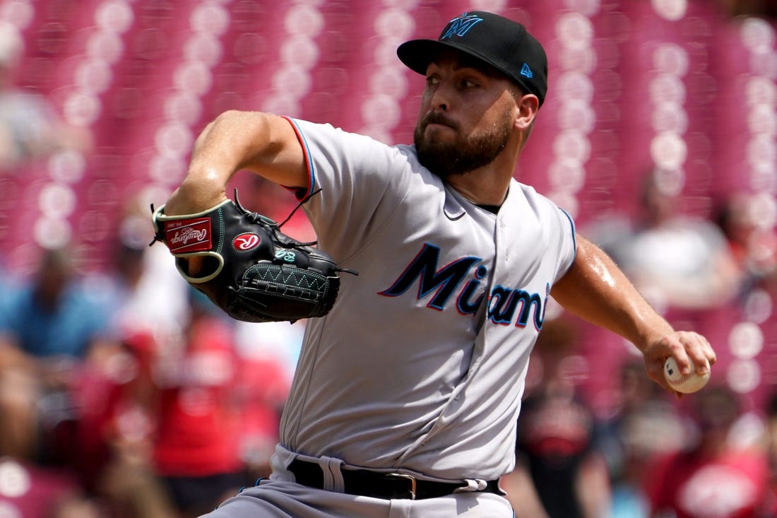 Miami Marlins starting pitcher Daniel Castano (20) delivers a pitch during the first inning of a baseball game against the Cincinnati Reds, Thursday, July 28, 2022, at Great American Ball Park in Cincinnati.

Miami Marlins At Cincinnati Reds July 27 0030