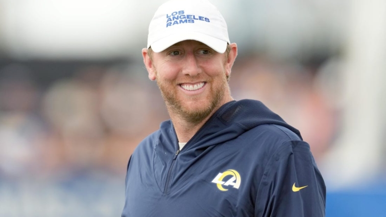 Jul 31, 2022; Irvine, CA, USA; Los Angeles Rams offensive coordinator Liam Coen during training camp at UC Irvine. Mandatory Credit: Kirby Lee-USA TODAY Sports