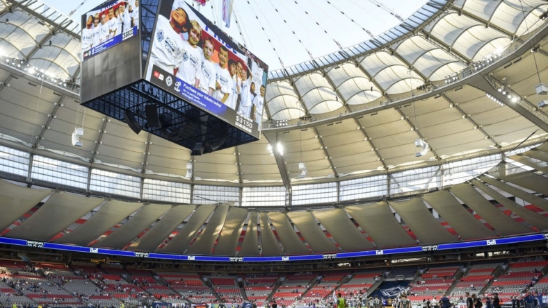 Aug 5, 2022; Vancouver, British Columbia, CAN;  General view of the pitch as the Vancouver Whitecaps FC warms up against the the Houston Dynamo at BC Place. Mandatory Credit: Anne-Marie Sorvin-USA TODAY Sports