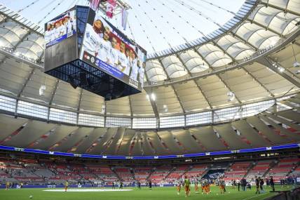 Aug 5, 2022; Vancouver, British Columbia, CAN;  General view of the pitch as the Vancouver Whitecaps FC warms up against the the Houston Dynamo at BC Place. Mandatory Credit: Anne-Marie Sorvin-USA TODAY Sports