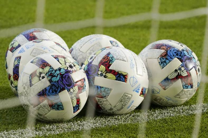 Aug 6, 2022; Austin, Texas, USA;  General view of official MLS balls on the pitch before the game as the Austin FC host the San Jose Earthquakes at Q2 Stadium. Mandatory Credit: Scott Wachter-USA TODAY Sports